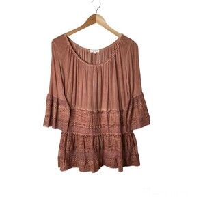Song N Spirit Size S Boho Lace‎ Tiered Pull On Top Bell Sleeve Rust Ombré Lined